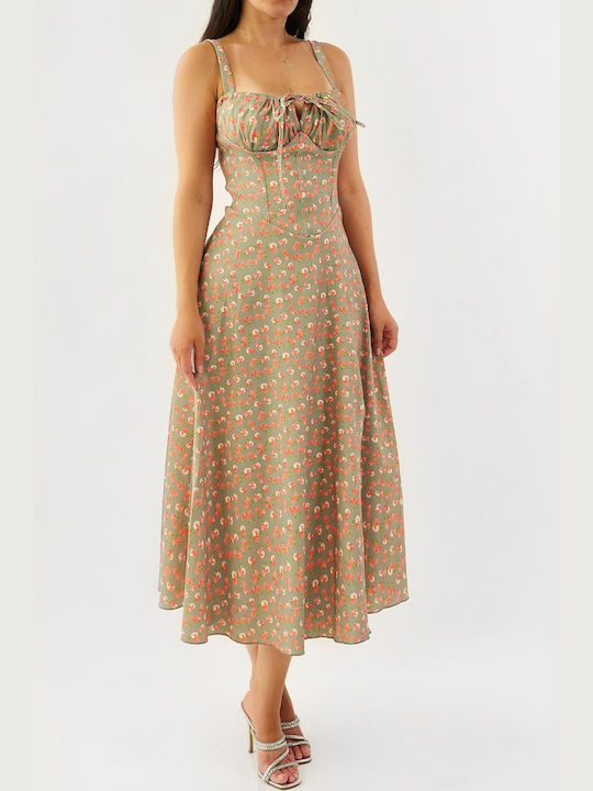 Nefeli Khaki Floral Midi A-line Dress