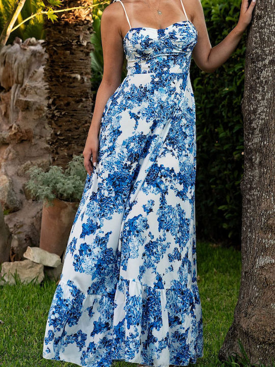 Estelle Weiß Blau Maxi Blumen Kleid