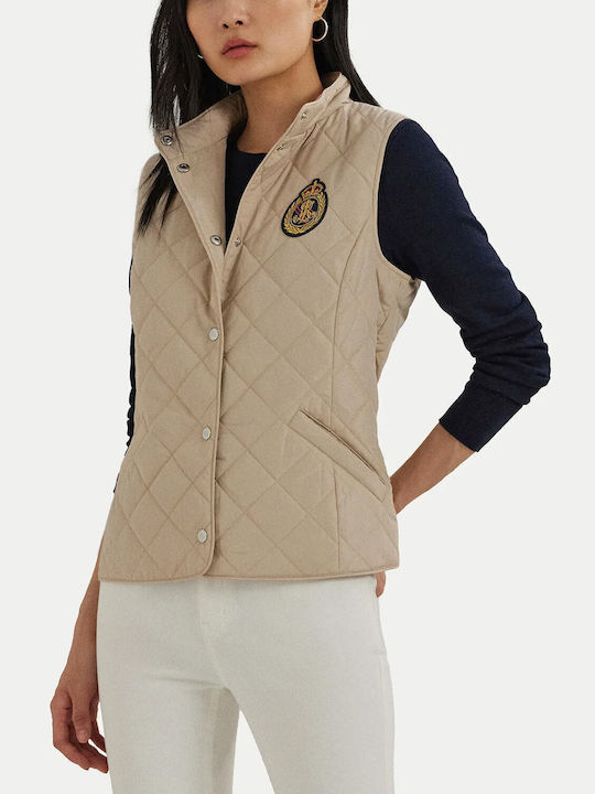 Ralph Lauren Scurt Jachetă de femei Fără mâneci Puffer pentru iarnă Beige/Khaki