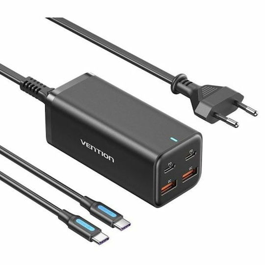 Vention Charger GaN with 2 USB-A Ports and 2 USB-C Ports and Cable USB-C - USB-C 100W Power Delivery / Quick Charge 3.0 Blacks (FBSBG-EU)