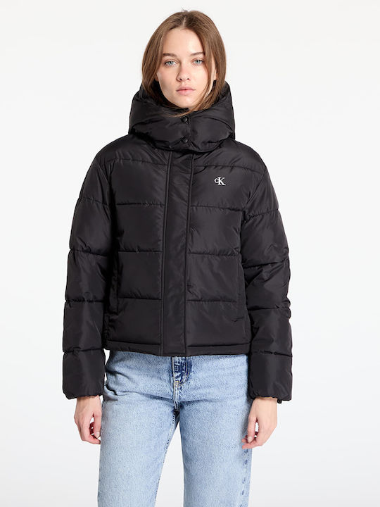 Women's Short Puffer Jacket for Winter with Hood Black