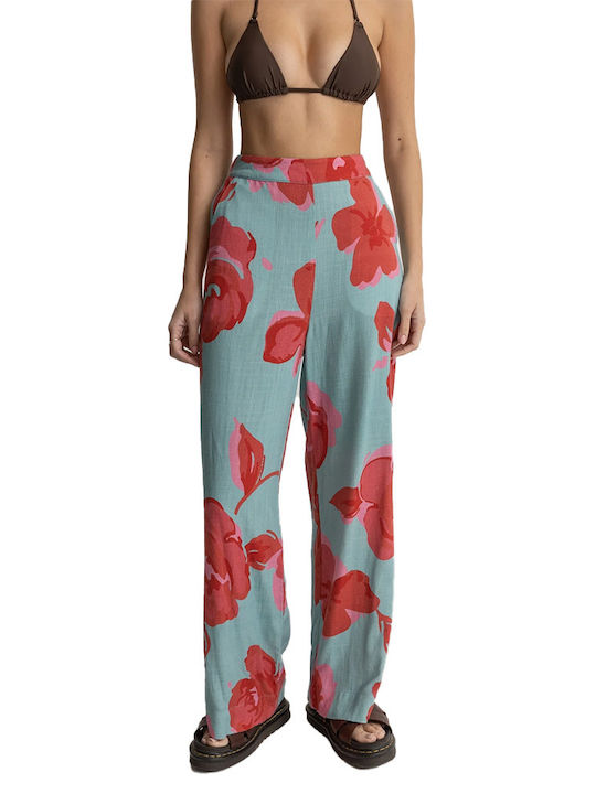 Rhythm Damen Hochtailliert Leinen Palazzo-Hose mit Gummizug Blumen Floral