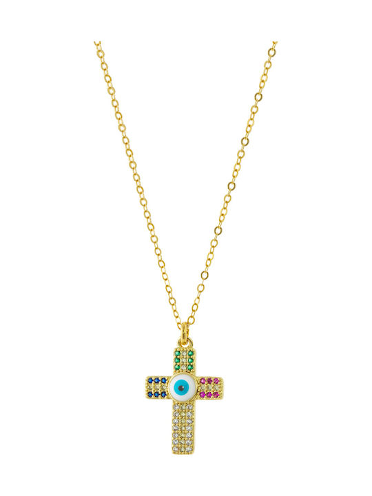 Loisir Karma Necklace with Gold-Plated Metal Cross, Zircon, Enamel Eye 01l15-01829
