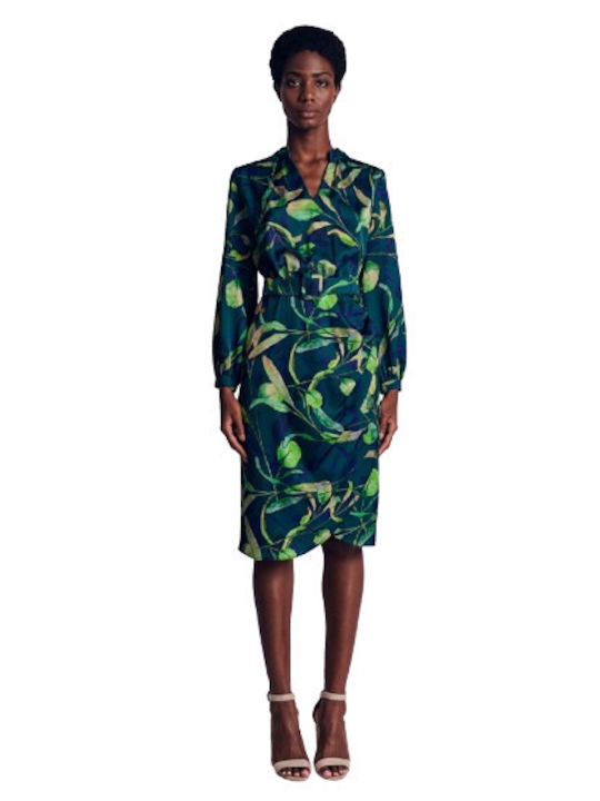 Midi Dress Long Sleeve Satin Wrap Green