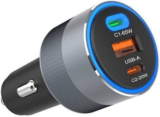 Forcell F-energy Auto-Ladegerät 85W 3A Schnellladung mit Anschlüssen: 1xUSB 2xType-C Gray Farbe
