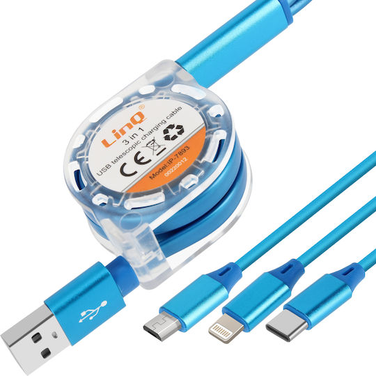 LinQ Retractable USB to Lightning / Type-C / micro USB Cable Μπλε 1m (IP-7893)
