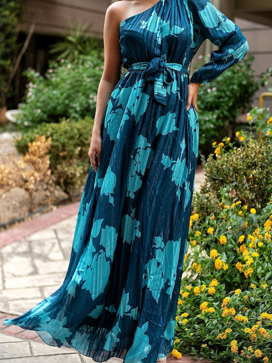 Rochie Maxi Florală Lurex pe Un Umăr Antigone Petrol