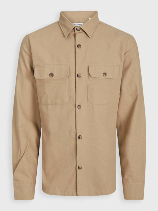 Jack & Jones Ανδρικό Πουκάμισο Overshirt Μακρυμάνικo Φανελένιο Μπεζ