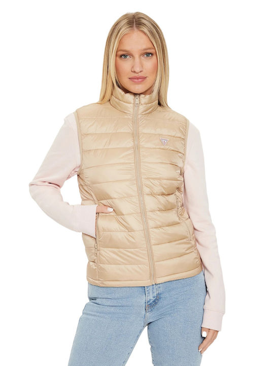 Guess Scurt Jachetă de femei Fără mâneci Puffer pentru iarnă Beige