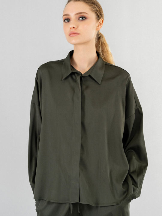 Philosophy Wear Langärmelig Damen Satin Hemd Olive