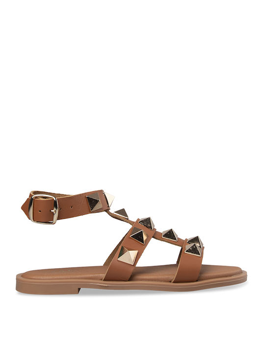 Tsouderos Shoes Women's Flat Sandals with Strap in Brown Color