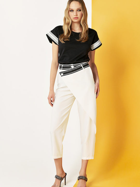 Envelope Trousers with Black and White Trim in Ecru