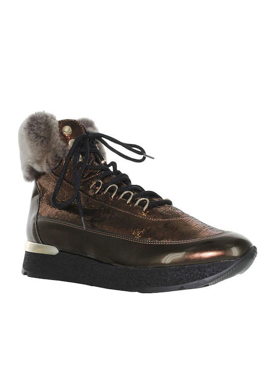 Leather Women's Ankle Boots Platform & Fur Brown