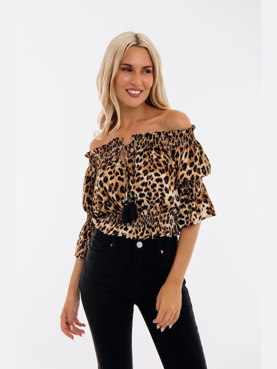 Freestyle Women's Blouse Short Sleeve Animal Print Coffee