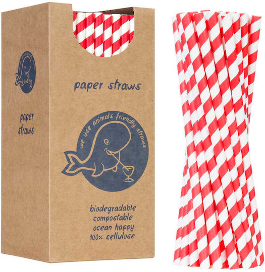 Bio Eco Paper Straws Thick 8/205mm Red White 160pcs