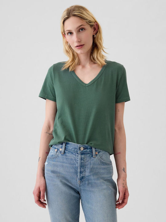 GAP Vintage Women's T-shirt with V Neckline Πράσινη, Moore Green