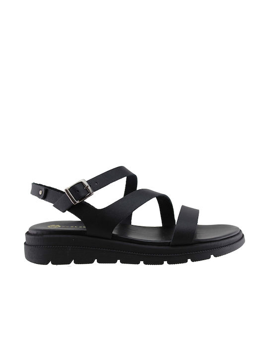 Stefania Leather Women's Flat Sandals Flatforms in Black Color