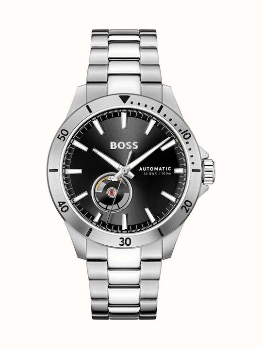 Boss Troper Ανδρικό Ρολόι 42mm Χρονογράφος Αυτόματο με Ασημί Μεταλλικό Μπρασελέ