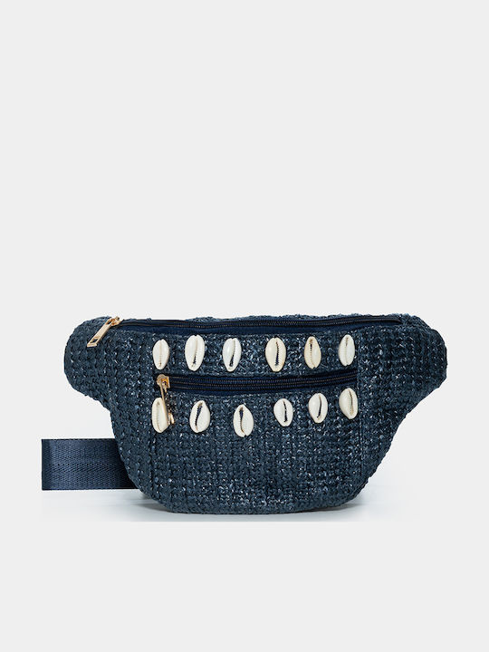 Strohtasche mit Muscheln in Marineblau Einheitsgröße