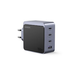 Ugreen Ladegerät ohne Kabel GaN mit USB-A Anschluss und 3 USB-C Anschlüsse 100W Stromlieferung / Schnellaufladung 2.0 / Schnellaufladung 3.0 / Schnellaufladung 4.0 Gray (Nexode S)