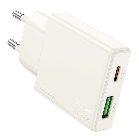 Hoco Φορτιστής Χωρίς Καλώδιο με Θύρα USB-A και Θύρα USB-C 30W Quick Charge 3.0 Λευκός (N45 Biscuit)