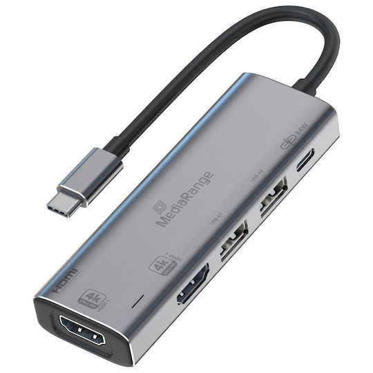 MediaRange USB-C Docking Station με HDMI 4K PD και σύνδεση 2 Οθονών Ασημί (MRCS511)