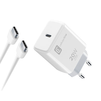 Cellular Line Φορτιστής με Θύρα USB-C και Καλώδιο USB-C - USB-C 20W Power Delivery Λευκός (ACHIPHKITC2CPD20WW)