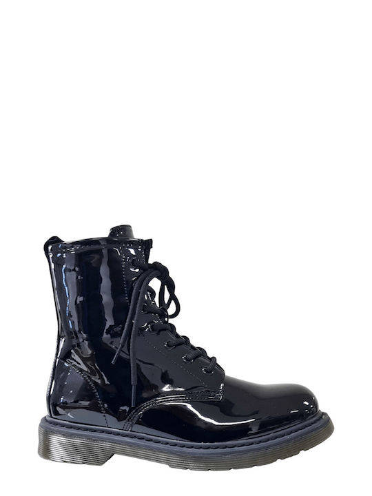 Black Patent Leather Ankle Boots with External Stitching