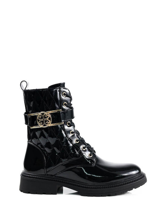 Black Quilted Ankle Boots with Gold Details