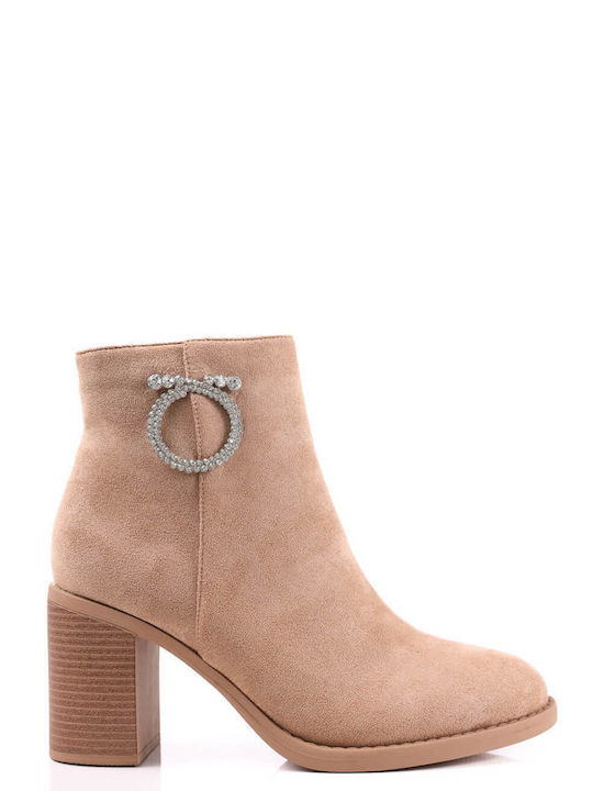 Beige Suede Ankle Boots with Decorative Ring Heel