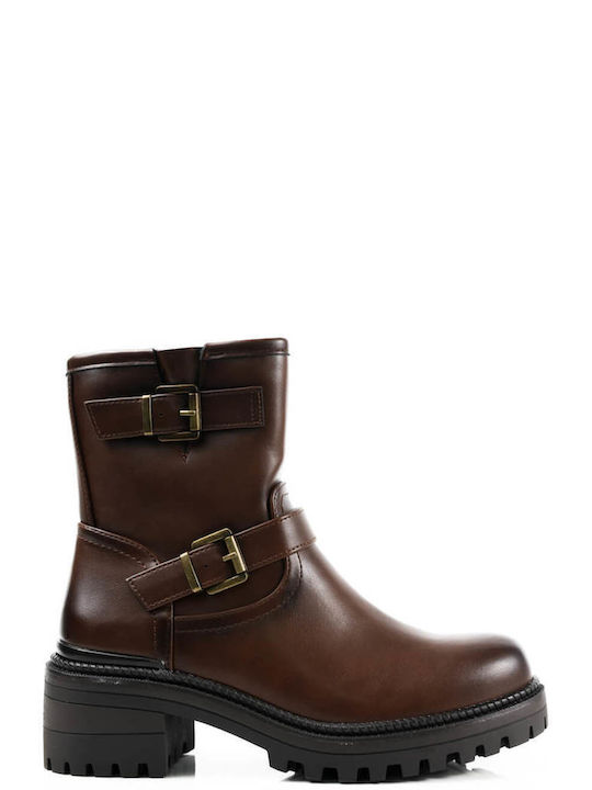 Brown Leather Ankle Boots with Double Buckle