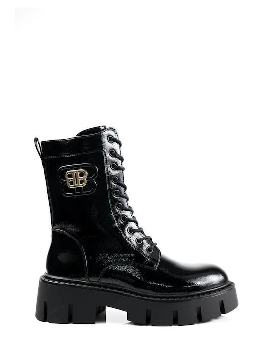 Black Patent Elegant Combat Boots with Lug Sole