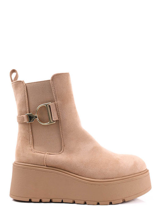 Beige Platform Ankle Boots with Modern Decoration