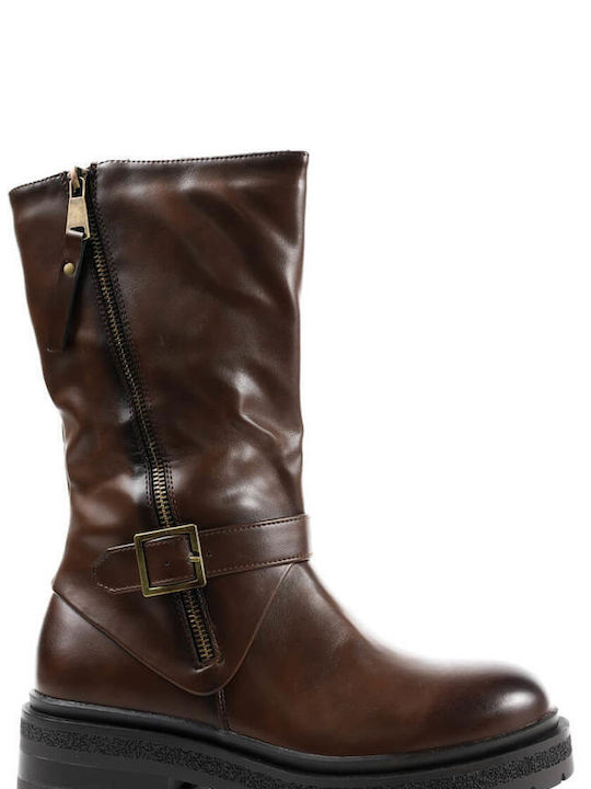 Brown Leather Ankle Boots with Zipper and Buckle