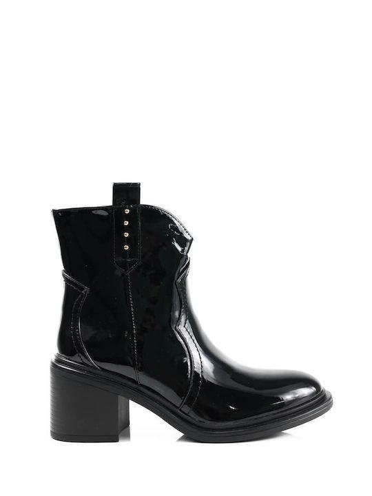 Black Patent Leather Ankle Boots with Gold Accents