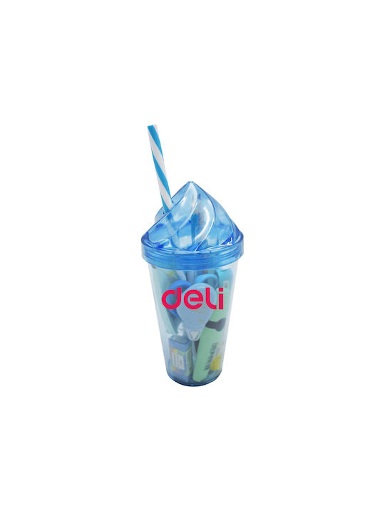 Deli Glas Wasser aus Glas in Hellblau Farbe mit Strohhalm