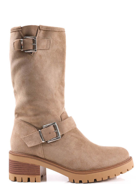 Beige Suede Three-Quarter Boots