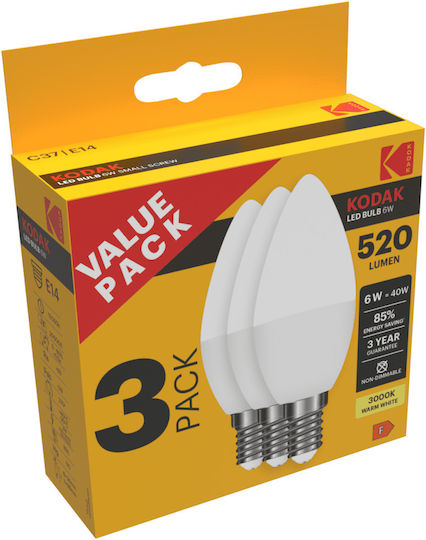 Kodak LED Лампи 6W За Цокъл E14 И Форма C37 Топло Бяло 480 Лумени 3 Бройки