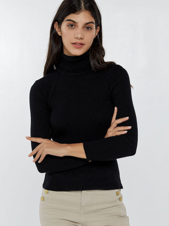 Ribbed Turtleneck Solid Black Blouse