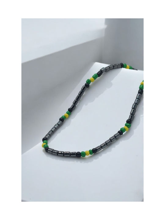 Hematite Necklace with Black, Green, and Yellow Beads