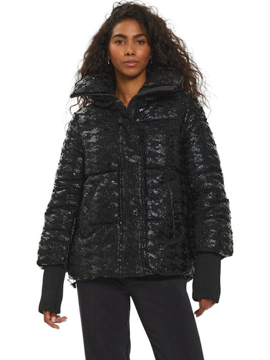 Kurz Damen Puffer Jacke für Winter Schwarz