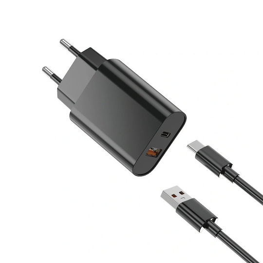 Wiwu Φορτιστής με Θύρα USB-A και Θύρα USB-C και Καλώδιο USB-C 20W Power Delivery Μαύρος (U002)