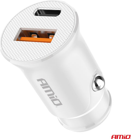 AMiO Φορτιστής Αυτοκινήτου 20W με Θύρες: 1xUSB 1xType-C Λευκός