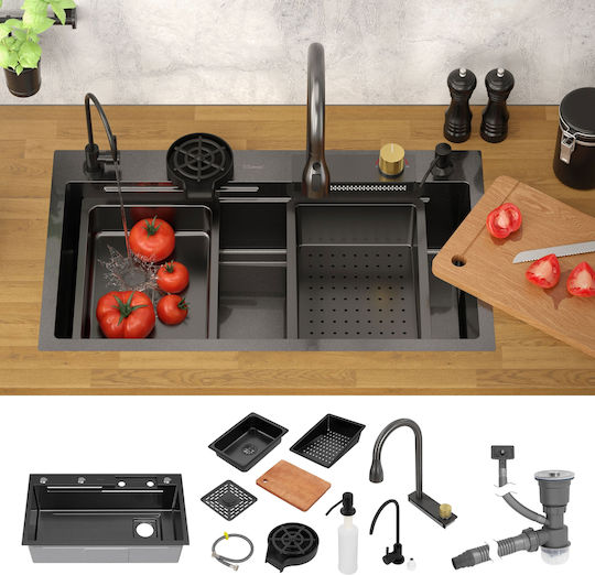 Built-in Sink 80x46 Cm Faucet Complete Set 8 Pieces Stainless Steel Anthracite Ml Design