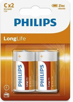 Set 2 Philips Lr14 Batteries Longlife Alkaline