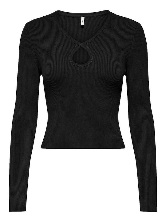 Only Women's Crop Top Long Sleeve with V Neckline Black