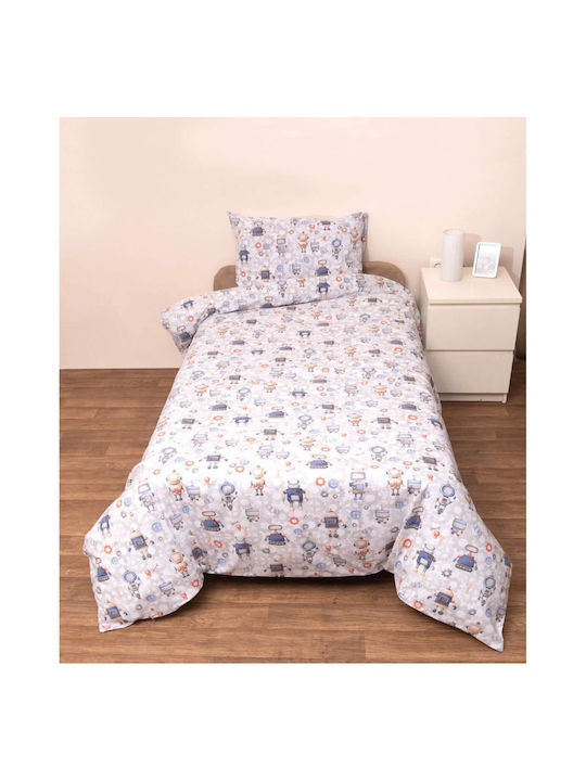 Viopros Set Pătură Pentru Copii Single Cu Față De Pernă Robot Alb 160x240 cm