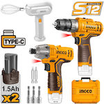 Ingco Set Drill Driver & Mixer & Impact Screwdriver 12V with 2 Batteries 1.5Ah and Case