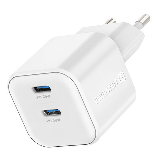 Swissten Φορτιστής Χωρίς Καλώδιο GaN με 2 Θύρες USB-C 20W Power Delivery Λευκός (22070500)