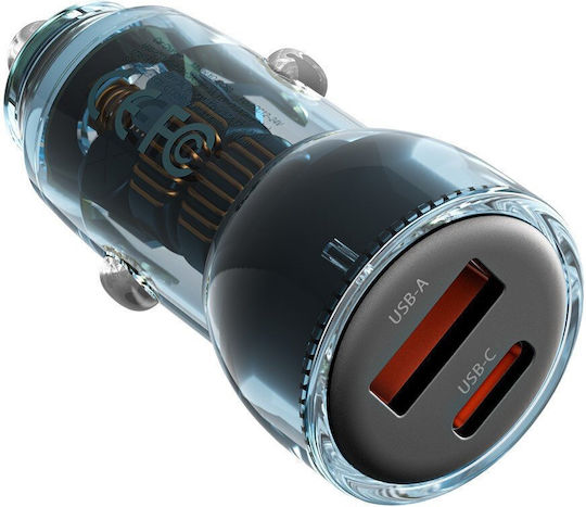 XO CC60 Car Charger 60W 3A with Ports: 1xUSB 1xType-C with Cable Type-C Blue Color